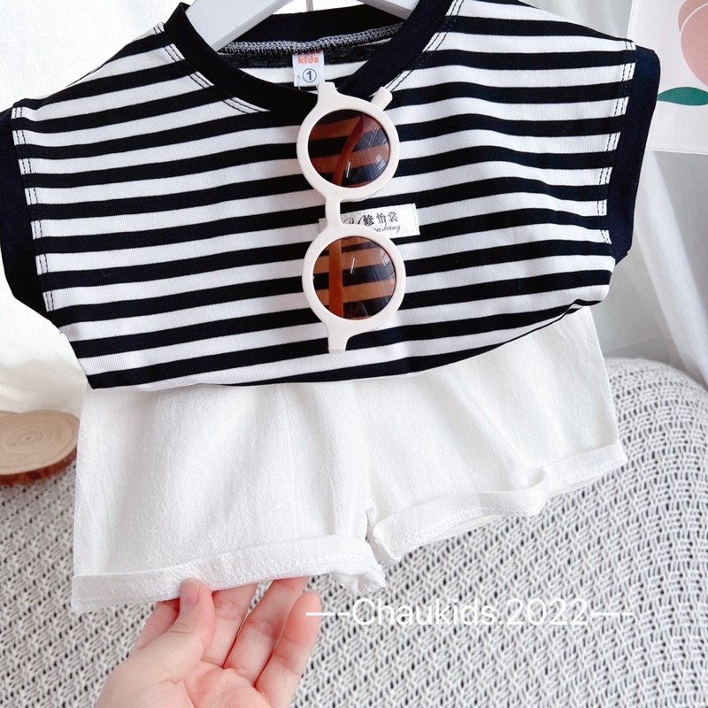 Bộ kẻ ngang tay áo bo viền cho bé trai