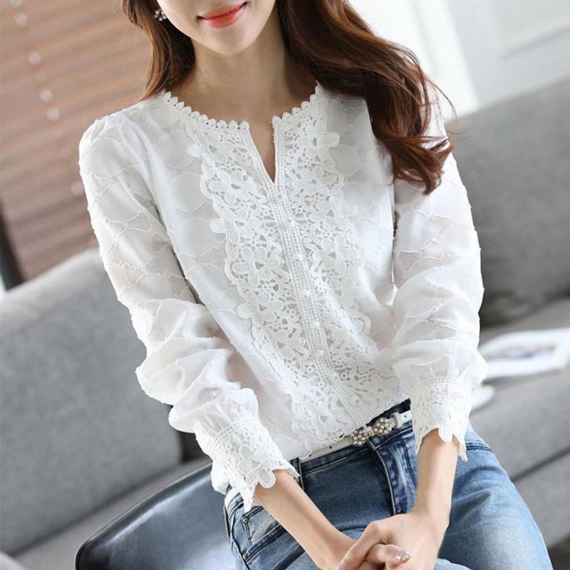 Áo sơ mi kiểu tay dài cổ V viền ren thanh lịch cho nữ