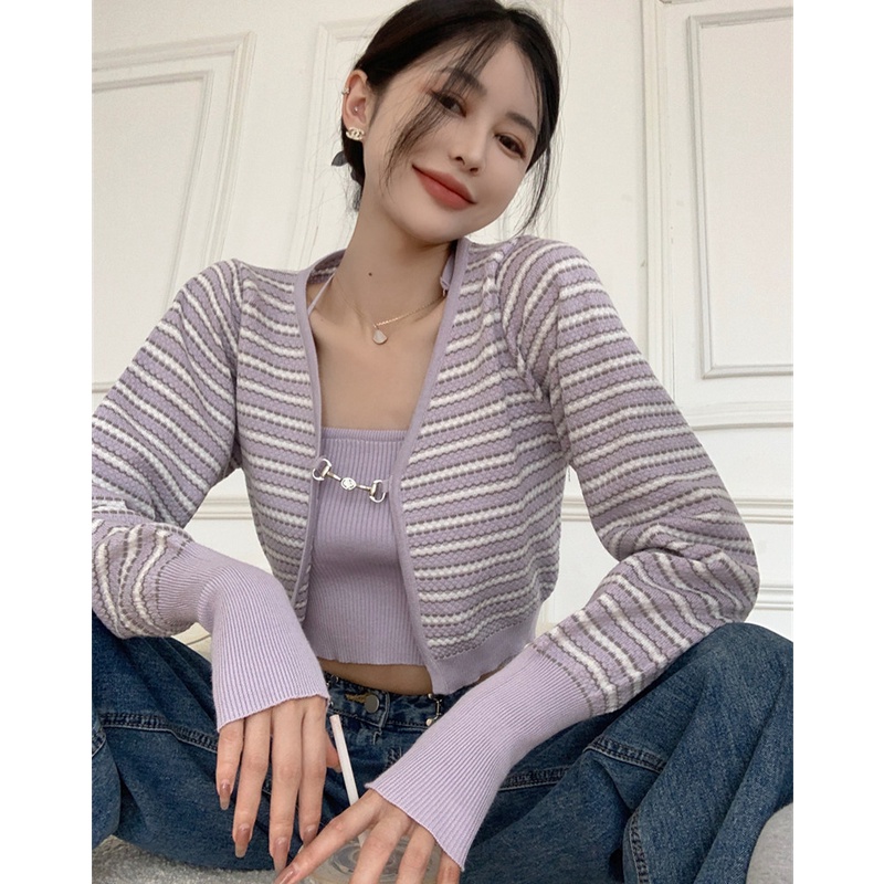 Set Áo Khoác Cardigan Họa Tiết Kẻ Sọc Và Áo Hai Dây Thời Trang Cho Nữ