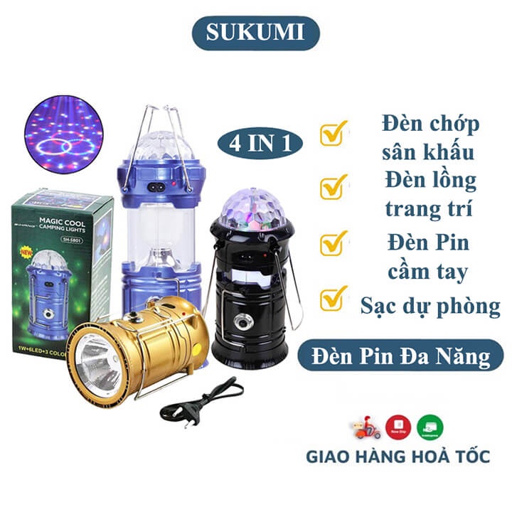 Đèn Pin Cầm Tay Siêu Sáng Đa Năng 4 Trong 1 Chớp Sân Khấu Xoay Nhiều Màu, Đèn Pin Xách Tay Kiêm Đèn Lồng Trang Trí