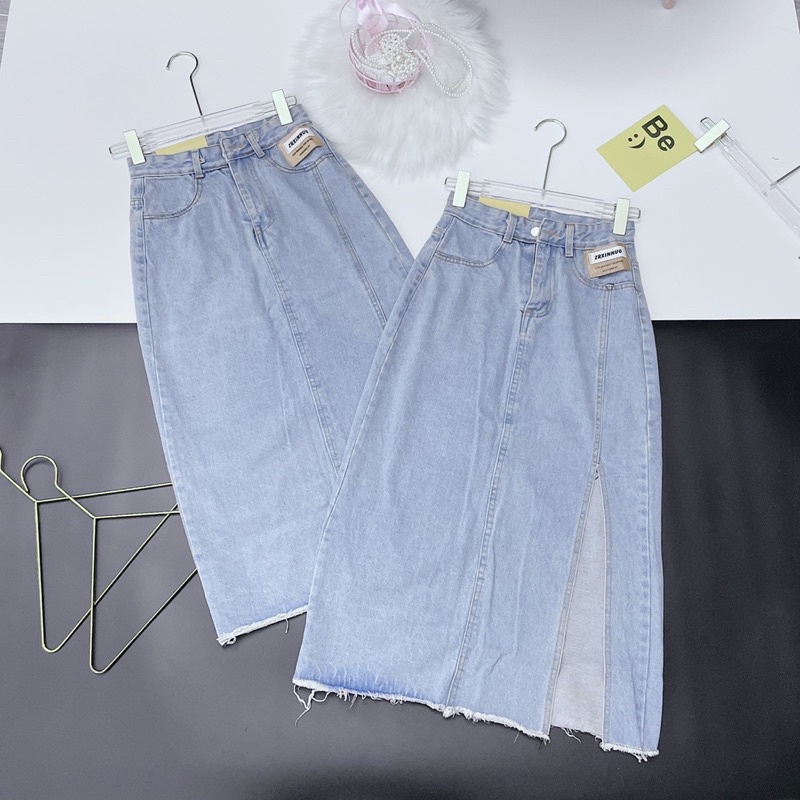 Chân váy jeans dáng dài bút chì Váy jean midi mác da xẻ tà