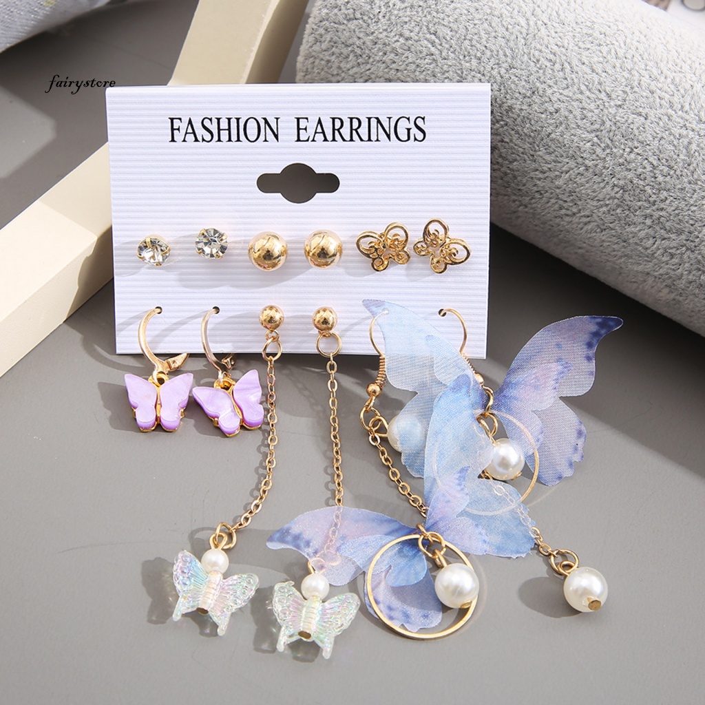 Fairystore| Set 6 Cặp Bông Tai Hình Bướm Đính Ngọc Trai Giả Thời Trang Nữ