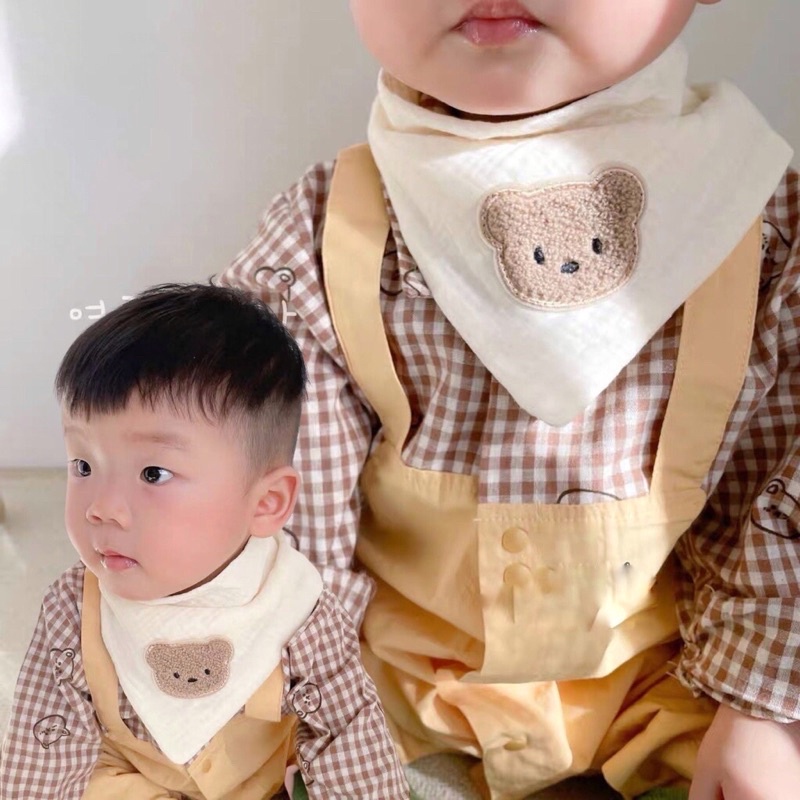 Yếm tam giác xô muslin thêu thỏ gấu cho bé siêu xinh