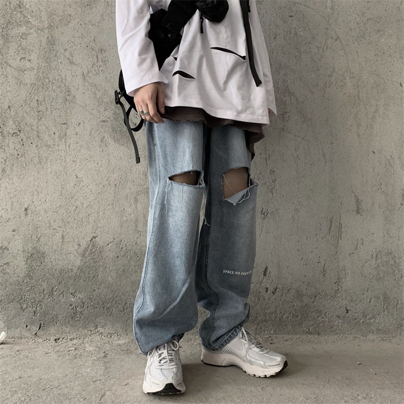 Quần Jean Ống Rộng Phối Rách Cá Tính Theo Phong Cách Retro Hàn Quốc Dễ Phối Đồ 1211