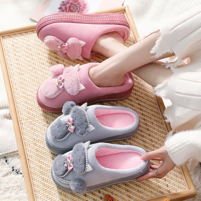 Dép Bông Đi Trong Nhà-Winter cotton slippers women's high-heeled platform home non-slip home furry slippers fashion all-