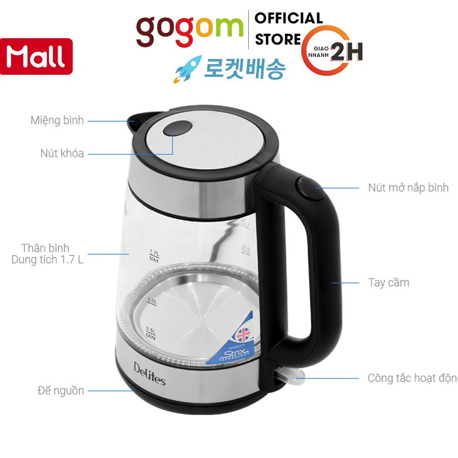 Ấm siêu tốc Bình đun siêu tốc Delites 1.7 líDST031 GOG342