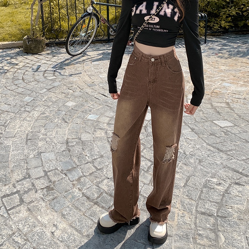 Set Áo Thun Dài Tay 2 Dây + Quần jeans Dài Ống Rộng Thời Trang Nữ