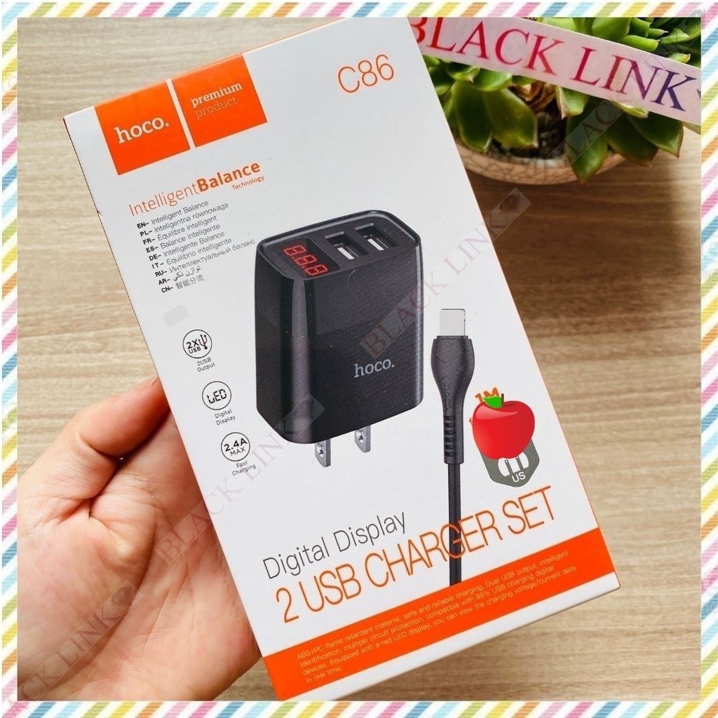 Bộ Củ Cáp Sạc 2.1A HOCO C86 2 Cổng USB Đèn Led - Cốc Sạc Nhanh Pin Dự Phòng Tai Nghe Bluetooth Không Dây I12