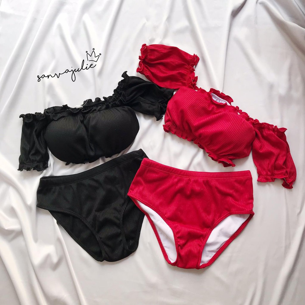 BIKINI Bộ đồ bơi nữ đi biển 2 mảnh áo tay trễ vai có sẵn mút - quần cạp cao BNK1-02