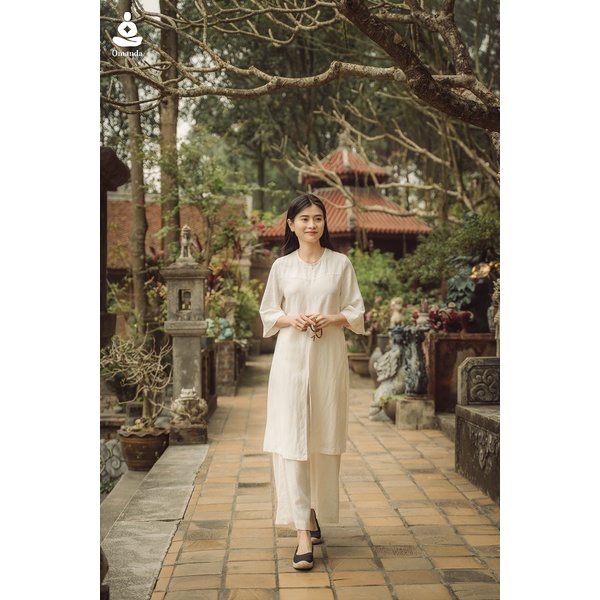 Bộ Trang Phục Áo Dài, Set Đồ Nữ Màu Trắng, Cổ Tàu, Chất Liệu Linen Tự Nhiên Thoáng Mát, Mềm Mại - Minh Châu