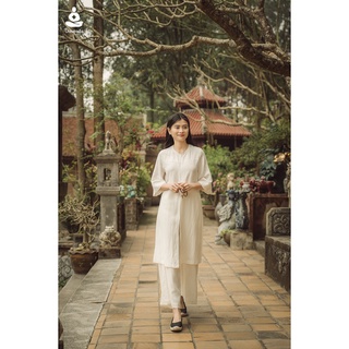 Bộ trang phục áo dài, set đồ nữ màu trắng, cổ tàu, chất liệu linen tự nhiên thoáng mát, mềm mại - minh châu