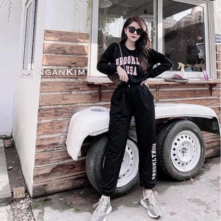 Set quần jogger áo croptop dây rút in chữ 2 màu siêu xinh
