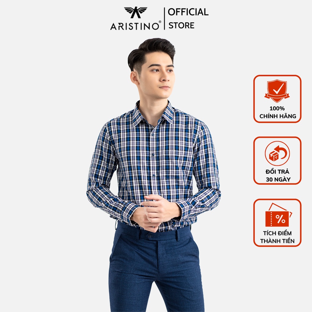 Áo sơ mi nam dài tay Aristino kẻ caro xanh trắng trẻ trung, lịch lãm - ALS26101