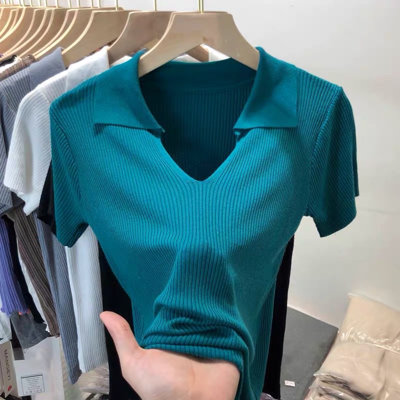 Áo Croptop Polo   TREND 2021   Áo Croptop Nữ Tay Ngắn Chất Vải  Len Tăm Dệt Kim Thời Trang Quảng Châu