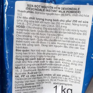 Hsd 09/2022 Sữa Bột Devondale 1Kg Nguyên Kem Giàu Canxi- tươi dạng bột devondale nhập khẩu Úc béo không đường cho trẻ bé