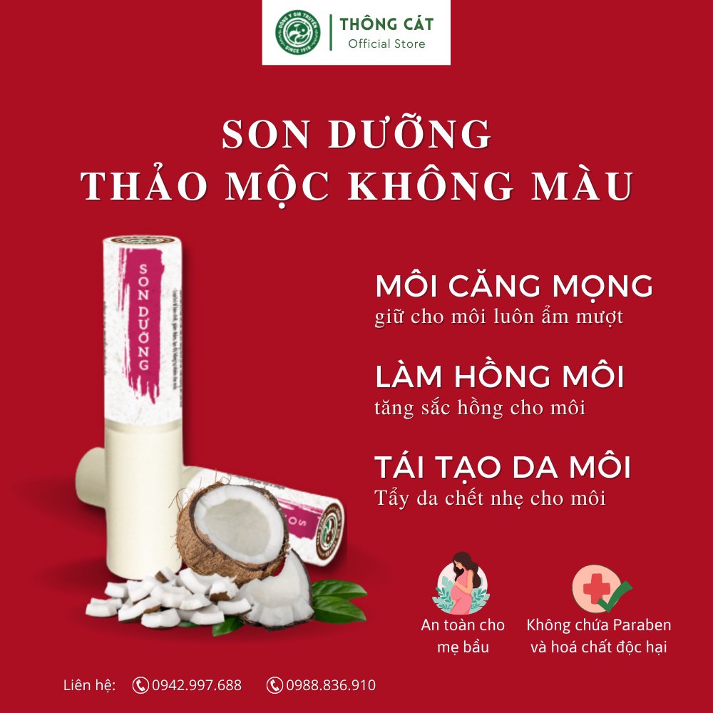 Son dưỡng môi không màu thảo mộc hữu cơ Thông Cát - Dưỡng ẩm hồng, hết nẻ, khô môi, mềm mịn cho nam, nữ, mẹ sau sinh