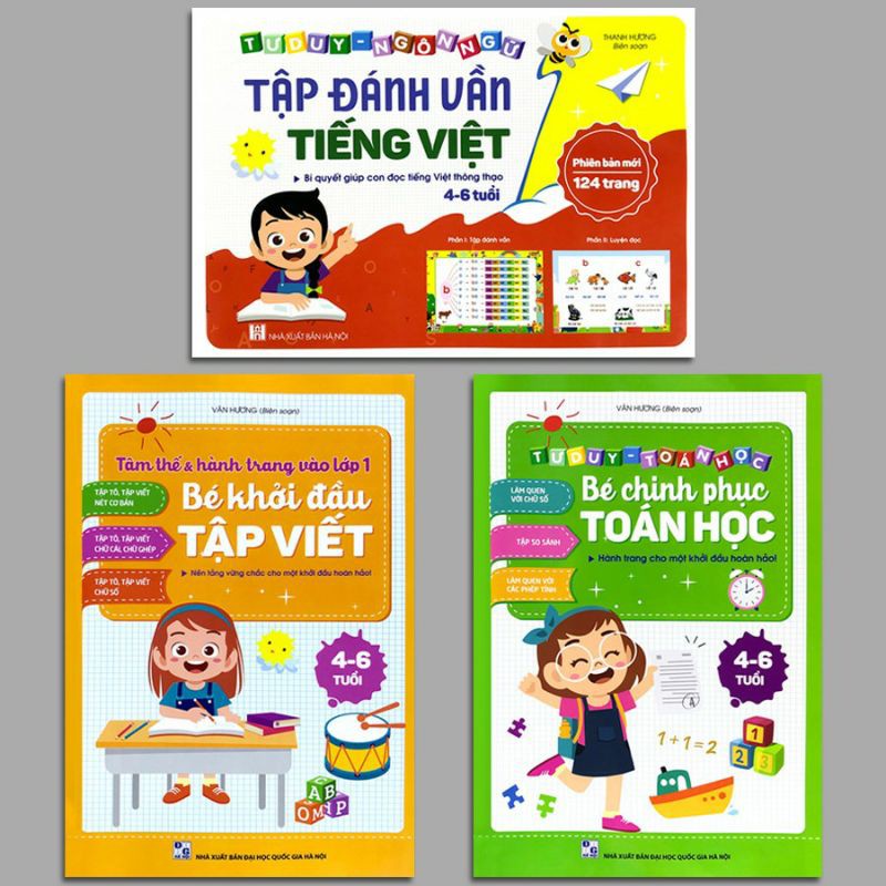 Sách - Combo 3 cuốn; Tập đánh vần tiếng Việt + Bé khởi đầu tập viết + Bé chinh phục toán học