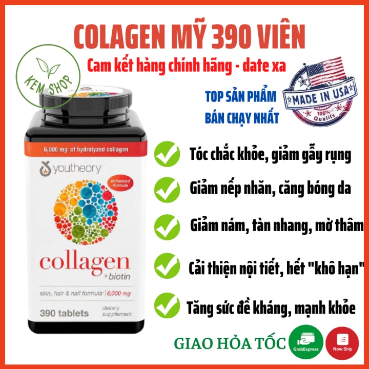 [Cam kết Chính hãng] Collage Mỹ 390 viên youtheory collagen biotin Mỹ - Đẹp da, tóc, giảm nám, tàn nhang, lão hóa