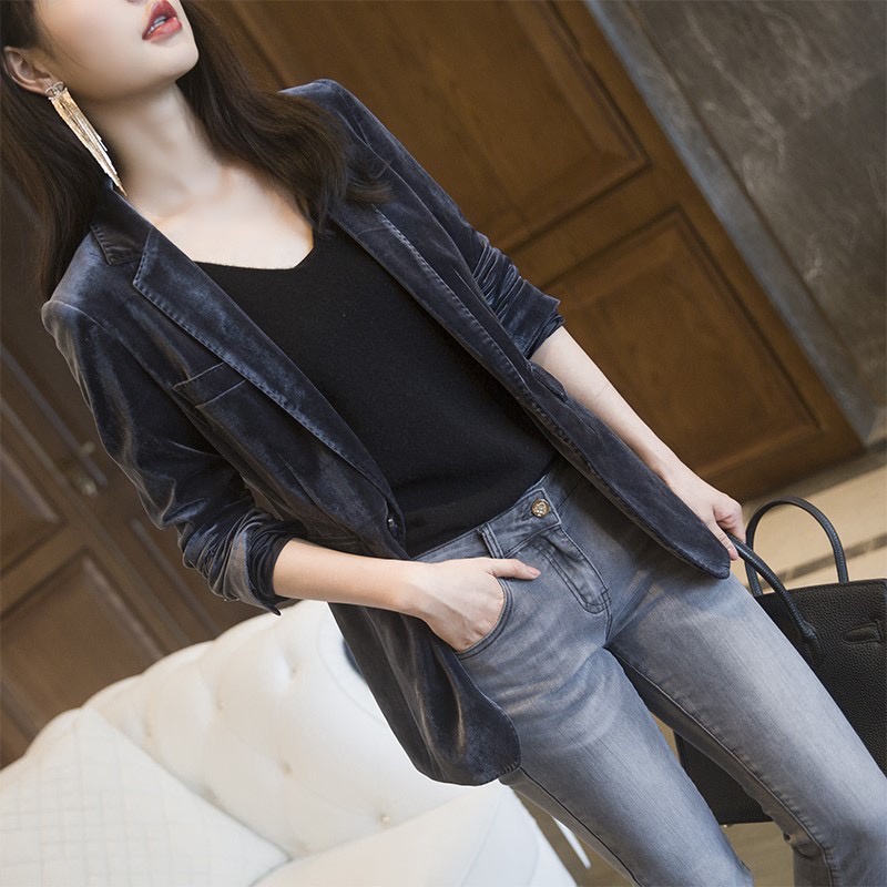 Áo Khoác Vest Chất Nhung Dáng Ôm Thời Trang Xuân Thu Phong Cách Anh Quốc Cho Nữ