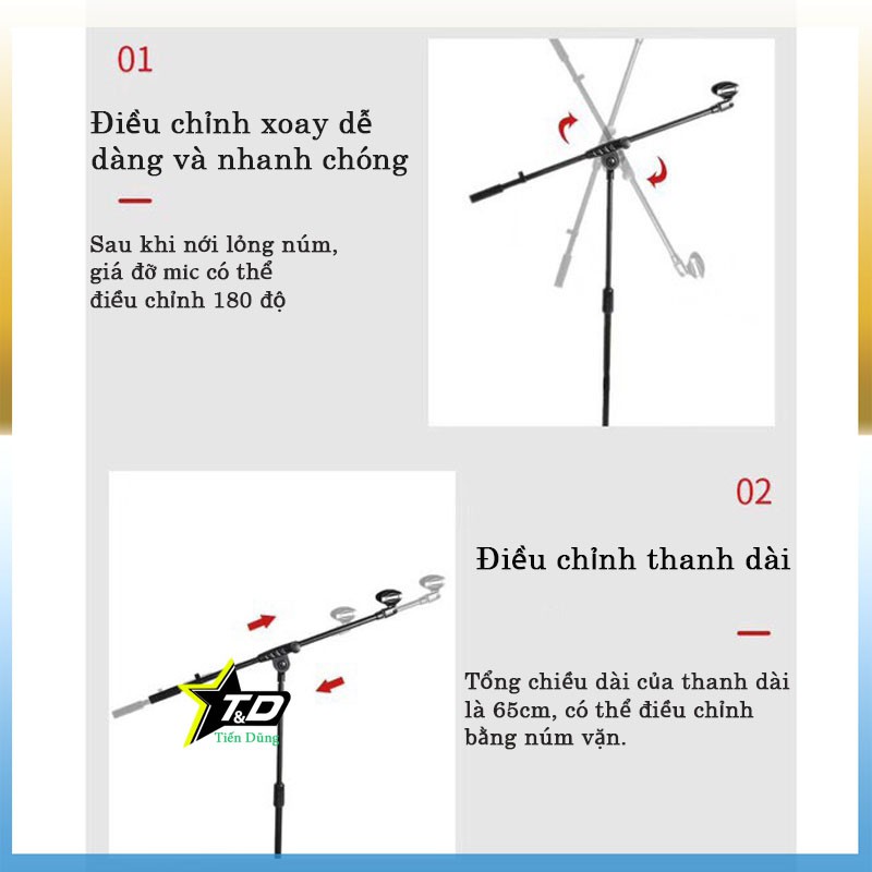 Chân mic đứng có 2 giá để mic hoặc điện thoại - Chân mic cao 1.7m thay đổi độ cao và xoay 180 độ