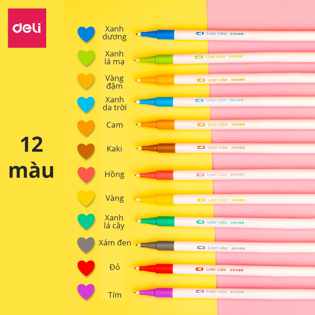 Bút liner đi nét Deli ngòi 0,5mm hộp 12 chiếc 12 màu - viết caligraphy, typography, bullet journal -  S578