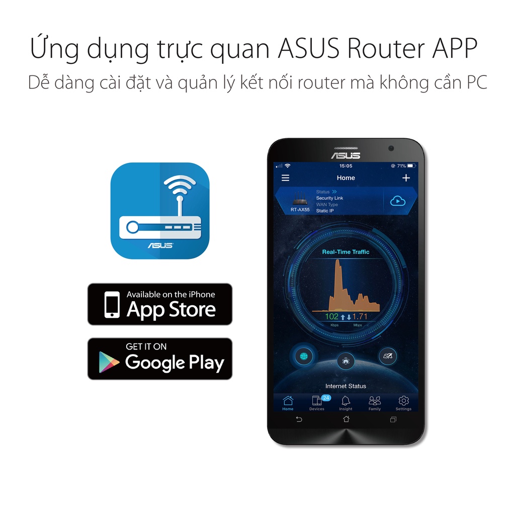 Router Wifi Asus RT-AX53U Chuẩn AX1800 Dual Band WiFi 6 - Hàng Chính Hãng