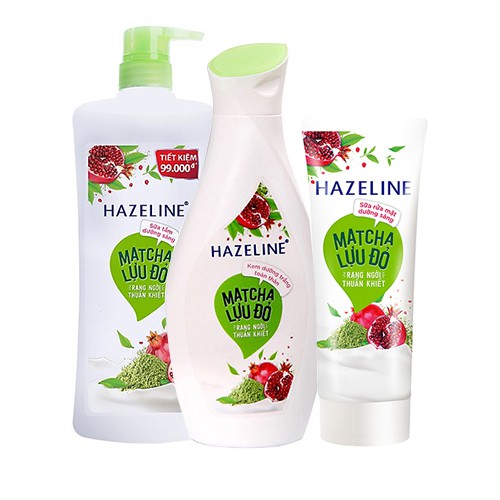 Combo Sữa tắm - Dưỡng thể và sữa rửa mặt Trắng Da Hazeline Matcha Lựu Đỏ