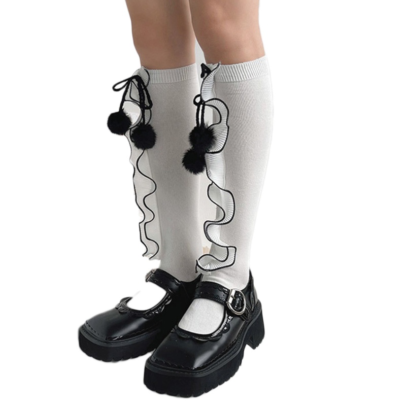 Youyo Vớ Dài Qua Gối Phối Lông Xù Xếp Ly Có Gân Đính Nơ Ngọt Ngào Phong Cách Lolita Cho Bé Gái