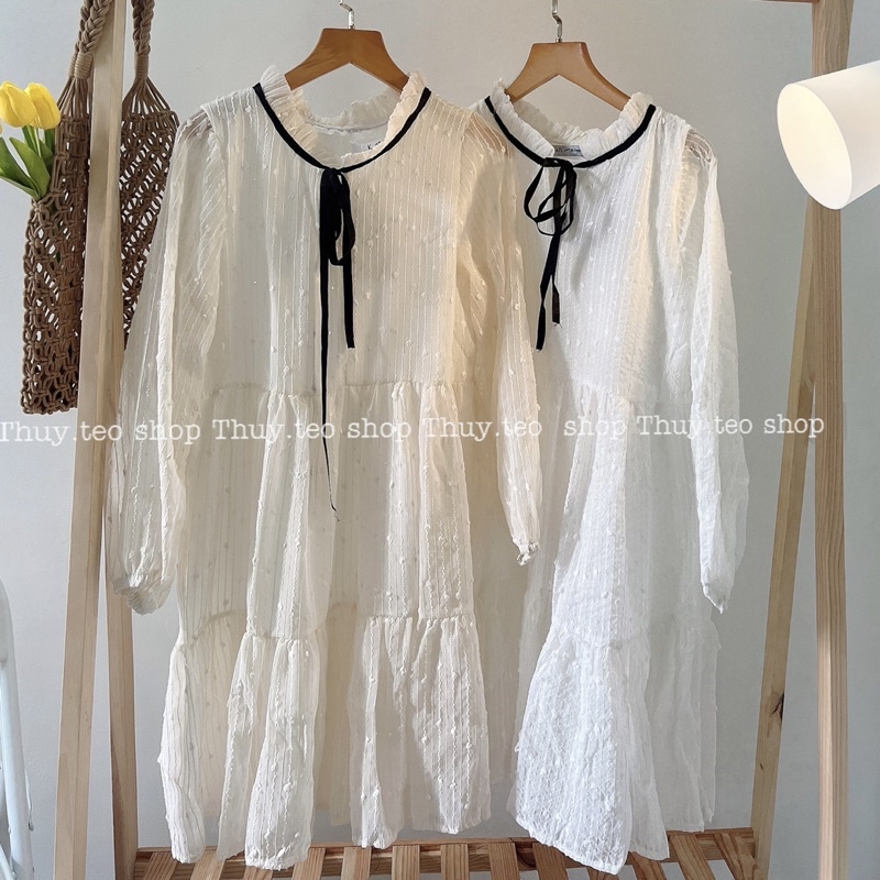 [Hàng sẵn] VÁY BABYDOLL NỮ DÀI TAY CHẤT TƠ HẠT GẠ0 NỔI HAI LỚP XINH XẮN