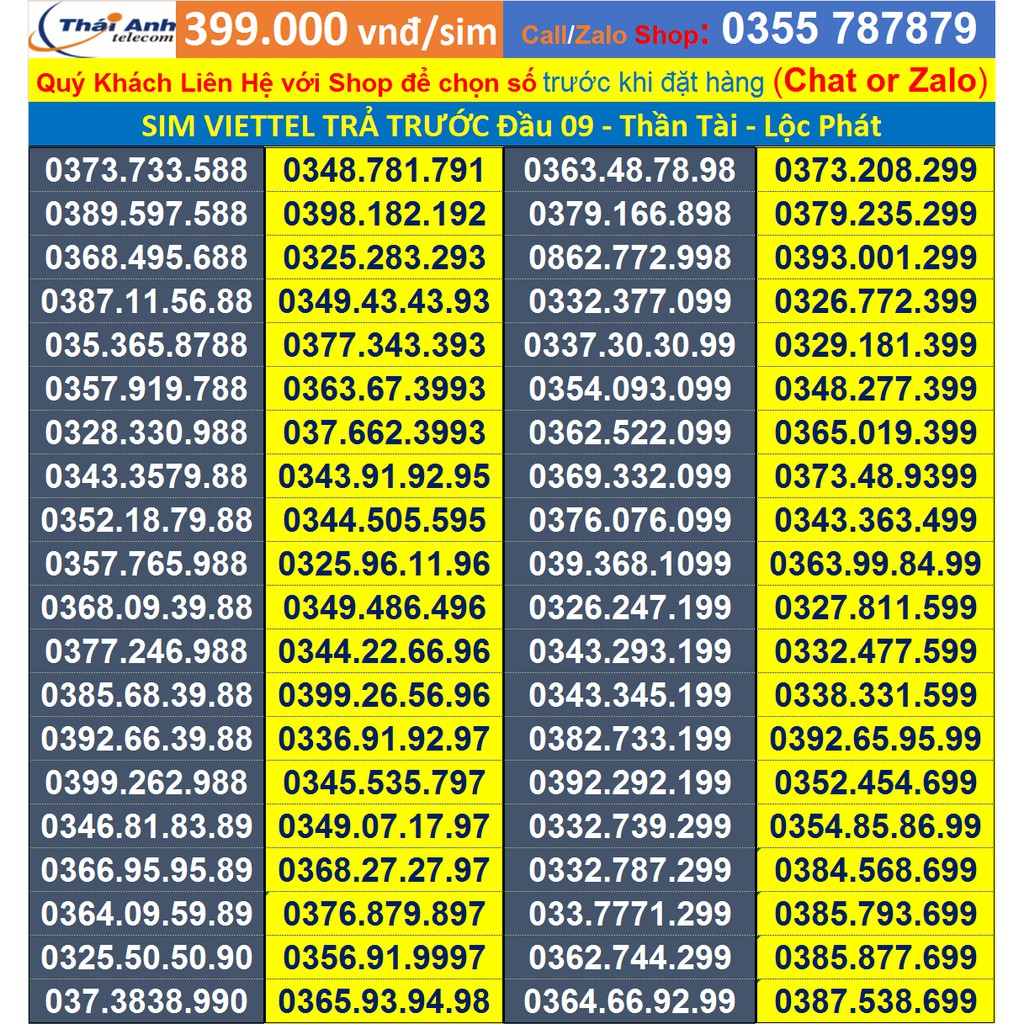 Sim số đẹp Viettel trả trước đầu 09, Tứ quý giữa, cặp gánh gói cước v90, v120 đồng giá 399.000 vnđ