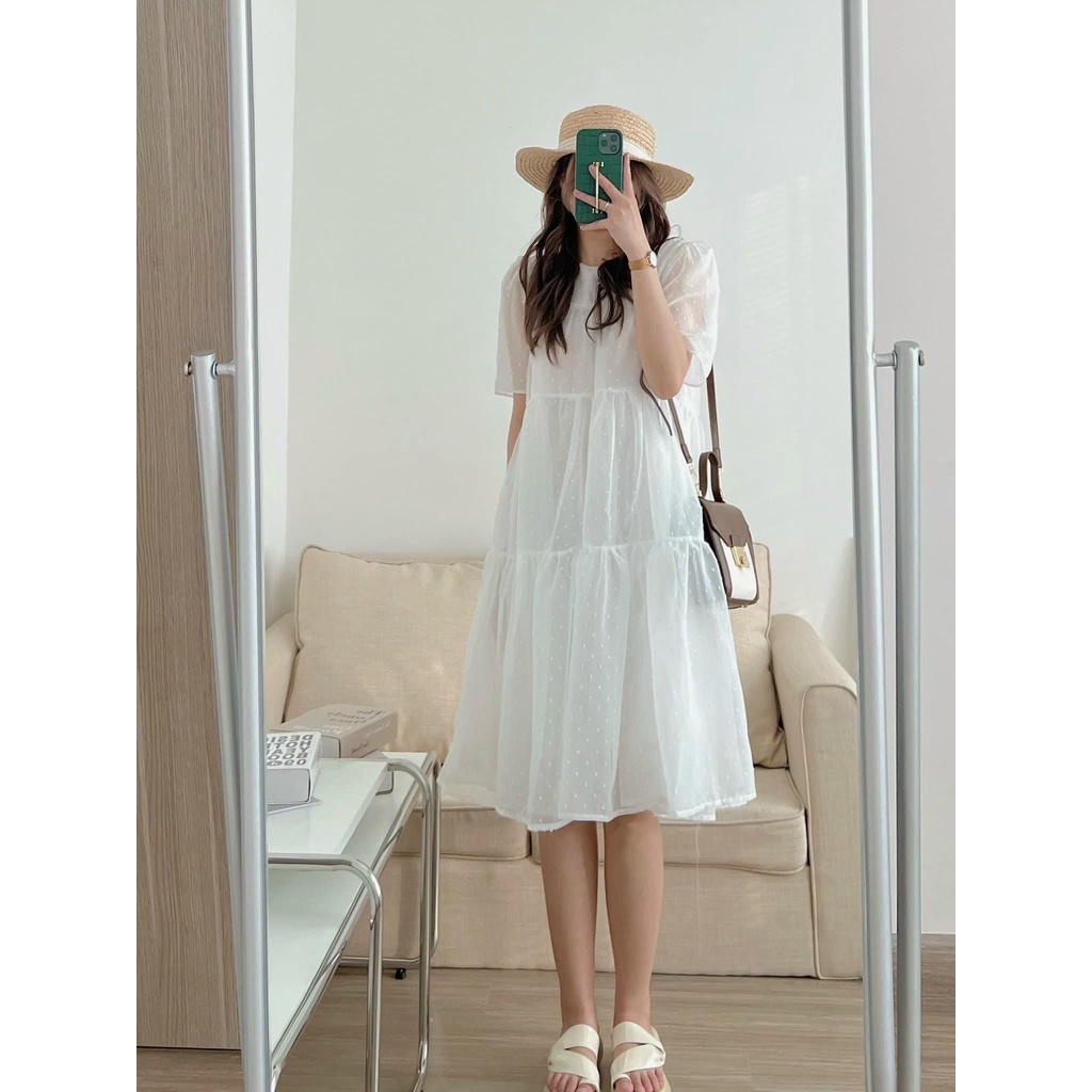 Váy đầm babydoll voan tơ chấm bi 2 lớp tay ngắn phong cách tiểu thư xinh xắn
