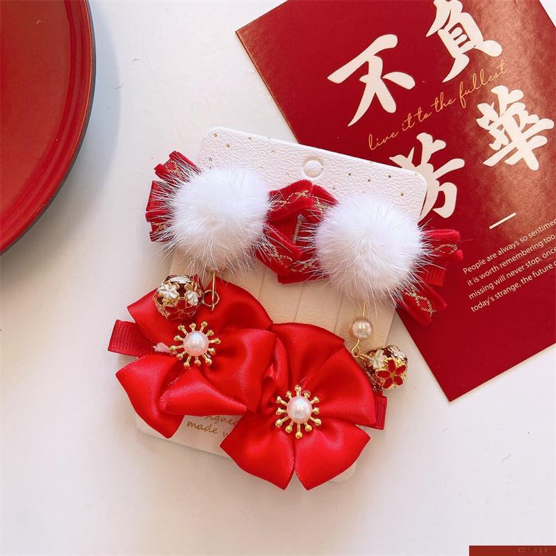 Set 4 kẹp tóc tua rua màu đỏ may mắn dành cho bé