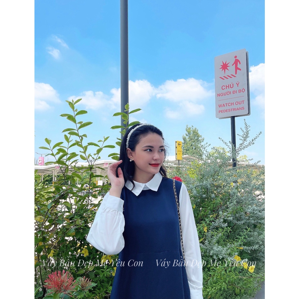 Váy bầu GUME 2 màu đen,xanh than dáng suông Xẻ Sươn Phối Trắng Điệu Đà chất vải sạn lụa MB1283