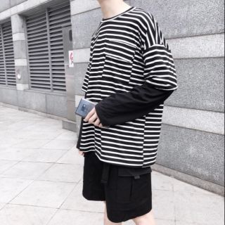 Áo kẻ đen trắng phối tay đen ulzzang - ẢNH THẬT
