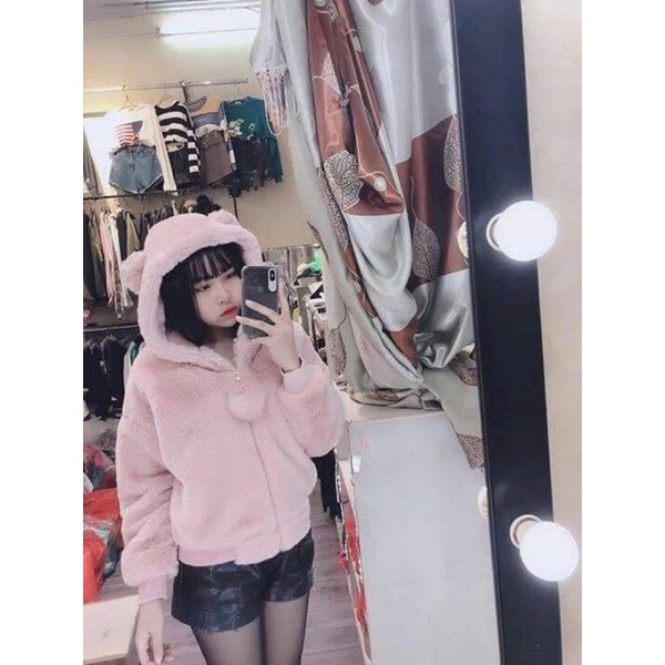 Áo khoác lông gấu hồng nữ khóa kéo, áo khoác lông tai gấu mùa đông siêu ấm  chất lông mượt .màu hồng | BigBuy360 - bigbuy360.vn