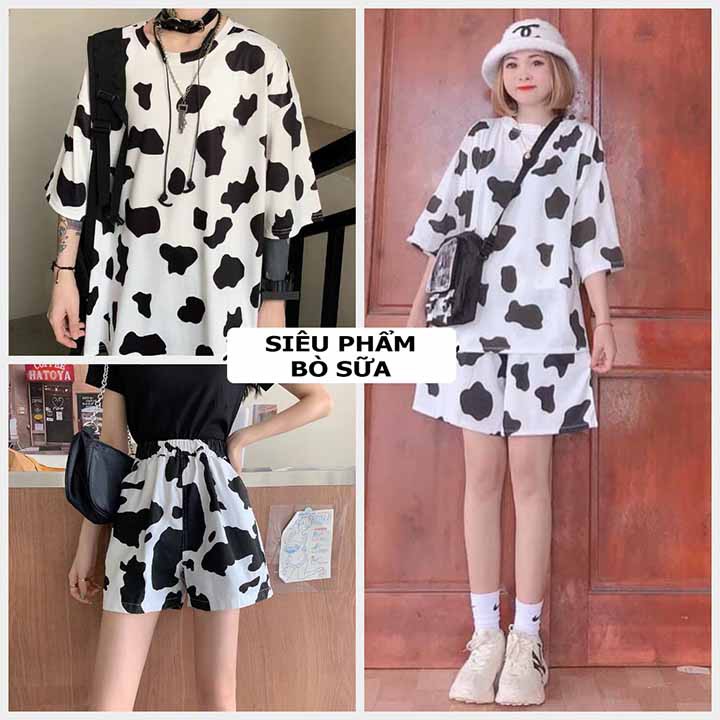 ❤️ GIÁ SIÊU CUTE ❤️ Set bộ bò sữa unisex - quần đùi áo phông tay lỡ vải thun và nỉ nam nữ họa tiết đen trắng hót 2021 | BigBuy360 - bigbuy360.vn