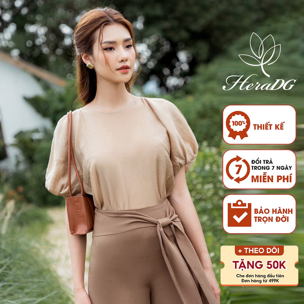 Áo sơ mi nữ tay bồng HeraDG thiết kế cổ tròn độc đáo, chất liệu vải tơ xốp mềm cao cấp mềm mịn SAKBB2005