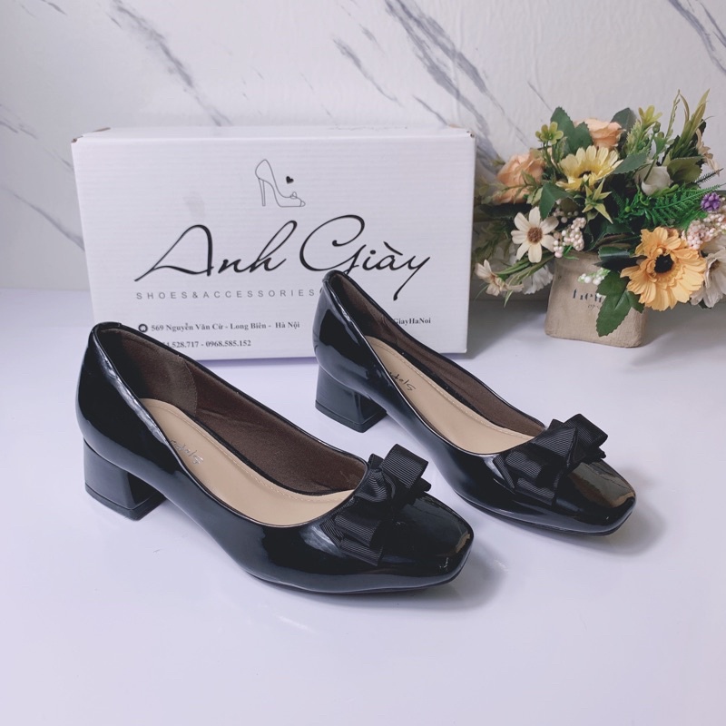 CG60- Giày cao gót da bóng mũi vuông gót trụ 3p nơ lụa hàng Việt nam xuất khẩu