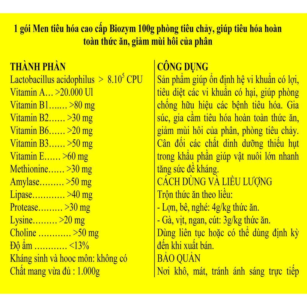 1 gói Men tiêu hóa cao cấp 100g phòng tiêu chảy, giúp tiêu hóa hoàn toàn thức ăn, giảm mùi hôi của phân