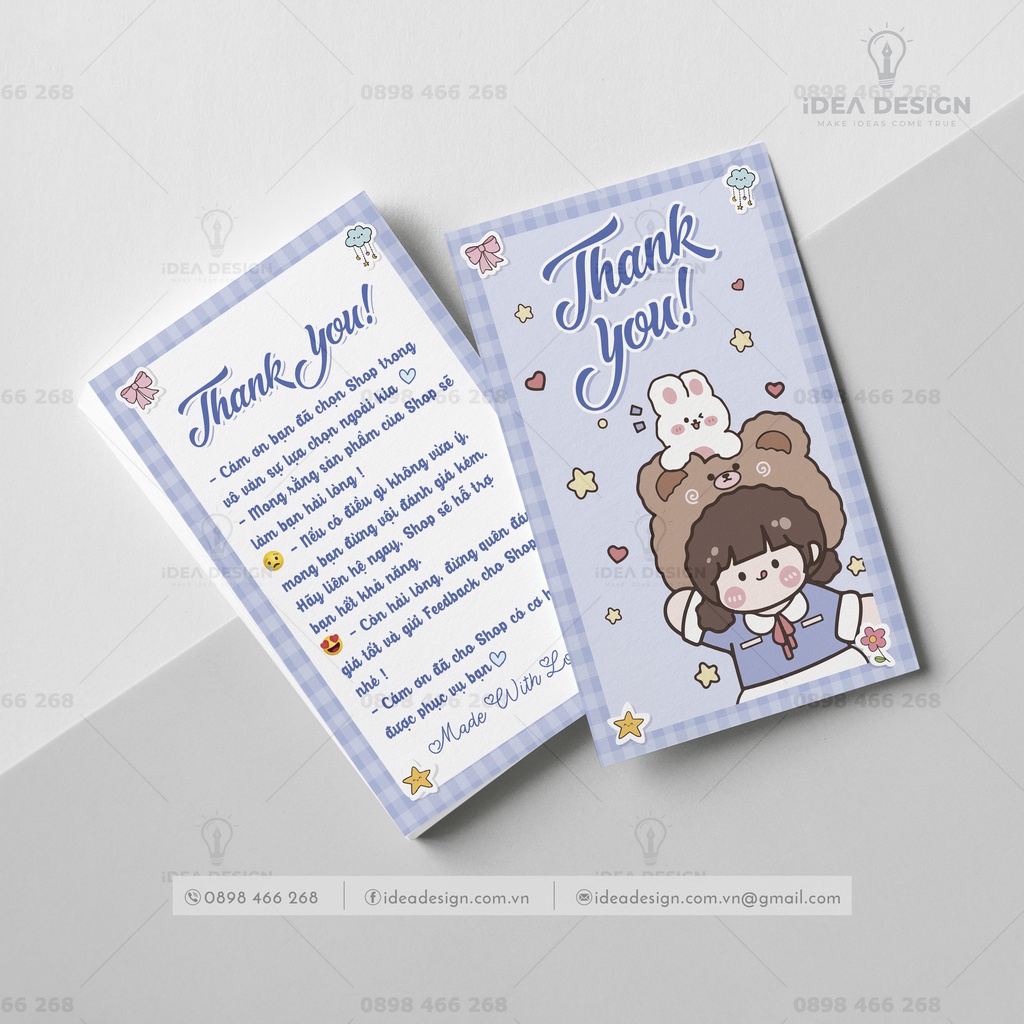 Card Cám Ơn, Card Thank You, Thiệp Cảm Ơn - Size 9x5,4cm - Giấy C300 Cán Màng Mờ 2 Mặt Em Bé Cute - Màu Tím Xanh