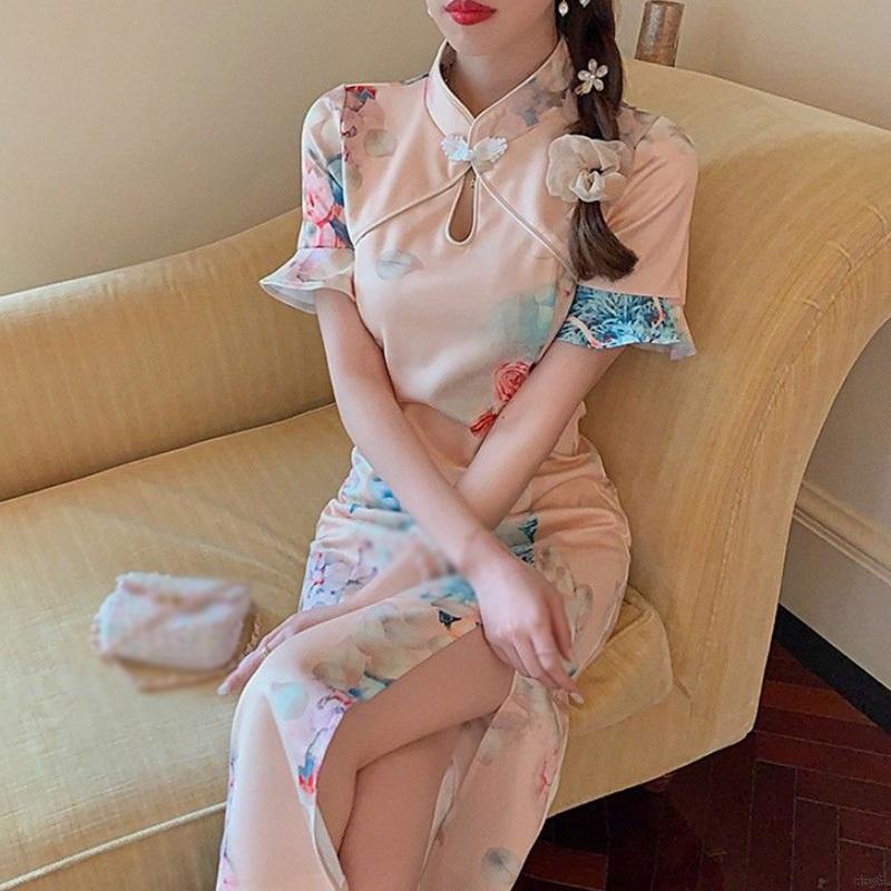 Đầm Tay Loe Thiết Kế Xẻ Tà Phong Cách Trung Hoa Cho Nữ