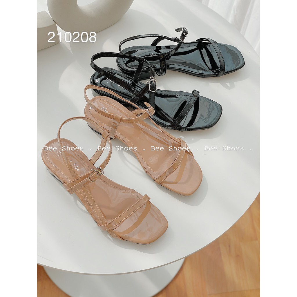 BEESHOES - SANDAL NỮ MŨI VUÔNG ĐẾ CAO 1 PHÂN - SANDAL CHẤT DA BÓNG ĐI ÊM SIÊU ÊM SIÊU MỀM SÃN MÀU ĐEN- BÒ 210208