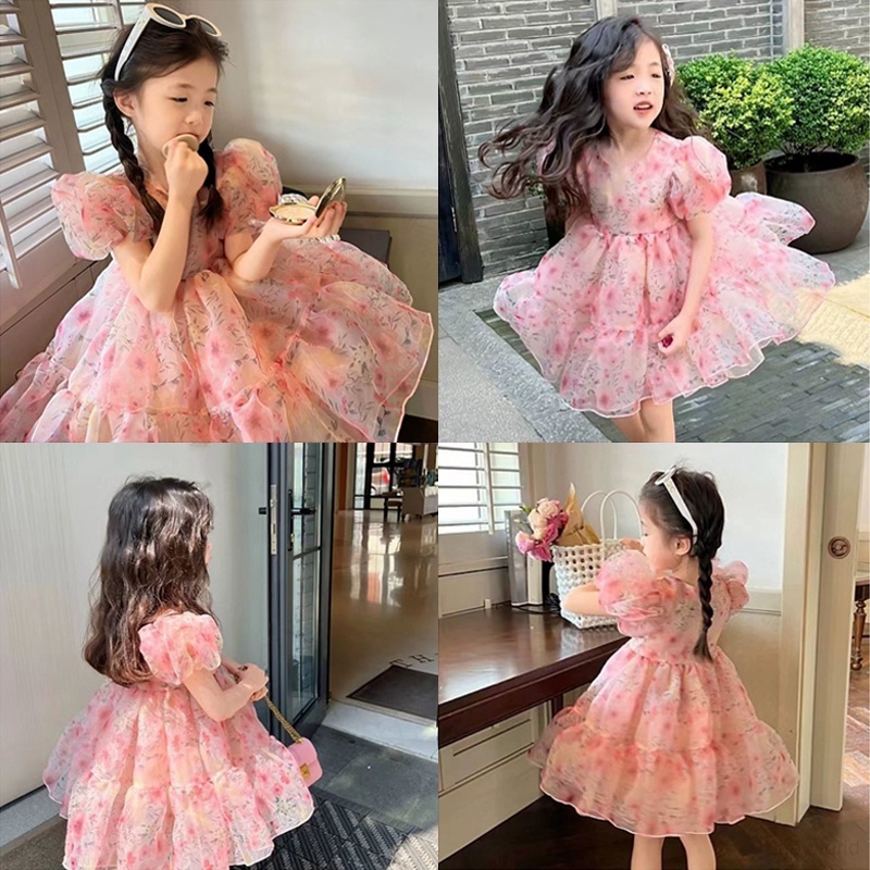 Đầm Tay Phồng Phối Lưới Họa Tiết Hoa Hồng Dễ Thương Thời Trang Mùa Hè Cho Bé Gái