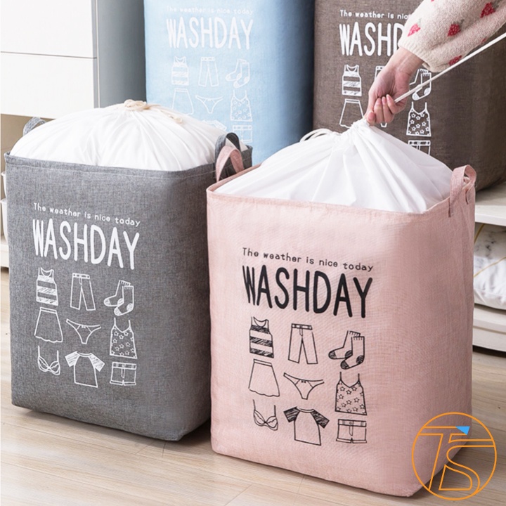 Giỏ Đựng Đồ Khung Sắt Xếp Gọn Họa Tiết Washday Tiện Lợi - Túi Để Quấn Áo Có Dây Rút 53x43cm