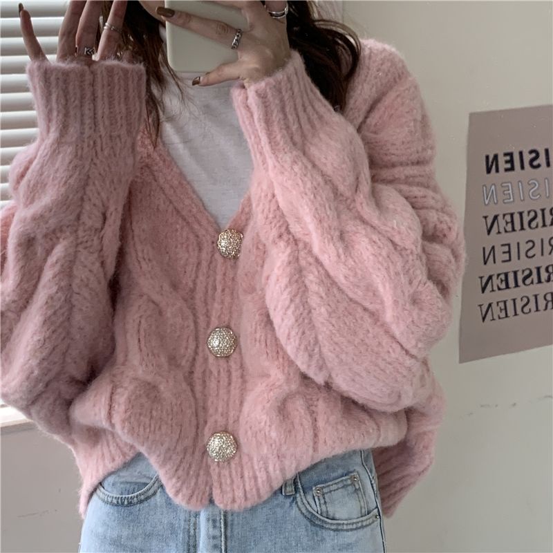 Áo khoác cardigan dệt kim dáng rộng thiết kế xoắn đính nút thời trang cho nữ
