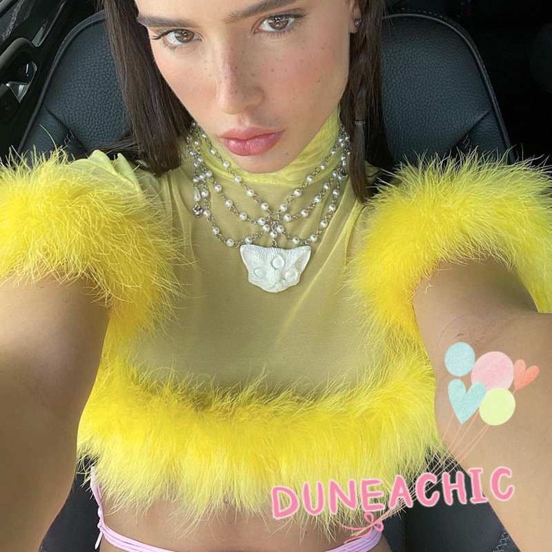 DUNEA Áo Croptop Tay Ngắn Phối Lưới Thiết Kế Cổ Cao Thanh Lịch