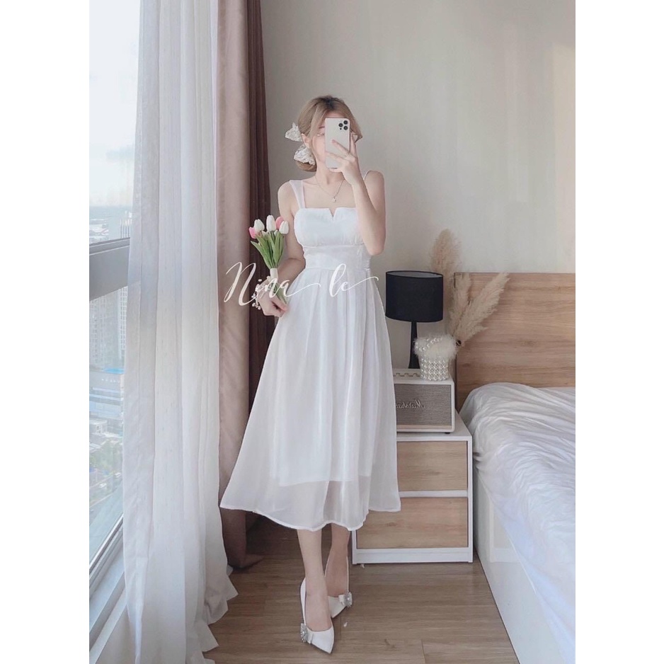 Đầm trắng dự tiệc dáng xoè 2 dây cúp ngực , phong cách ( chất liệu voan tơ)
