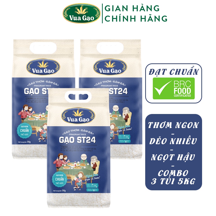 [MUA 3 TẶNG 25K] Combo 3 Túi Gạo ST24 5kg – Chính Hãng Vua Gạo – Gạo Thơm Ngon, Dẻo Nhiều, Vị Ngọt Hậu – Top 1 TG 2017