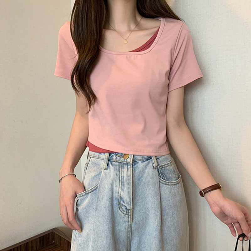 Brroa Áo Thun Crop Top Giả 2 Mảnh Tay Ngắn Dáng Rộng Màu Sắc Tương Phản Thời Trang Mùa Hè Cho Nữ