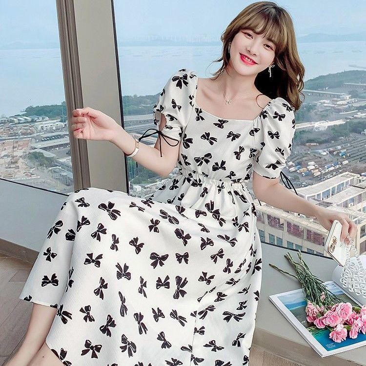 Classic French Low Waist Dress Korean Style Butterfly Square Print Square Neck Fashion White Skirt